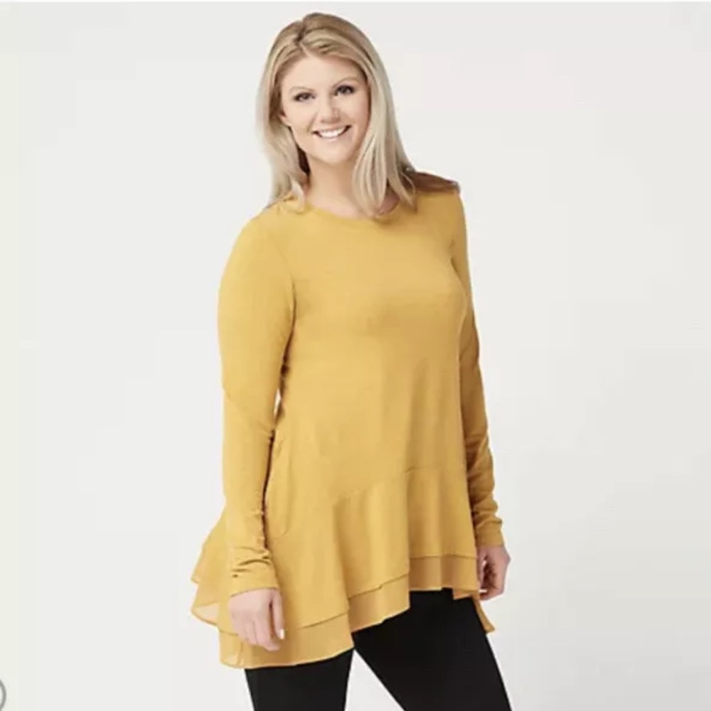 LOGO LOUNGE Jersey Knit Top w/ Chiffon Hem Tan Plus Size 3X by Lori Goldstein